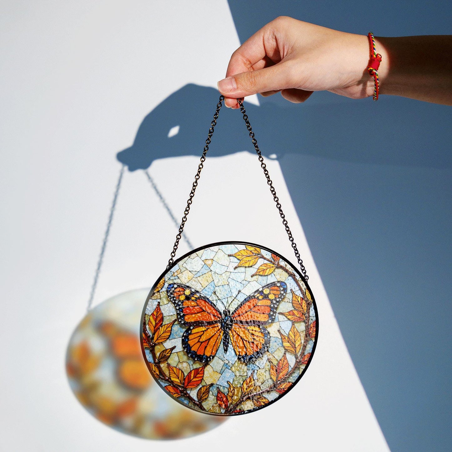 Stained glass monarch butterfly round suncatcher window decor gift for nature lover