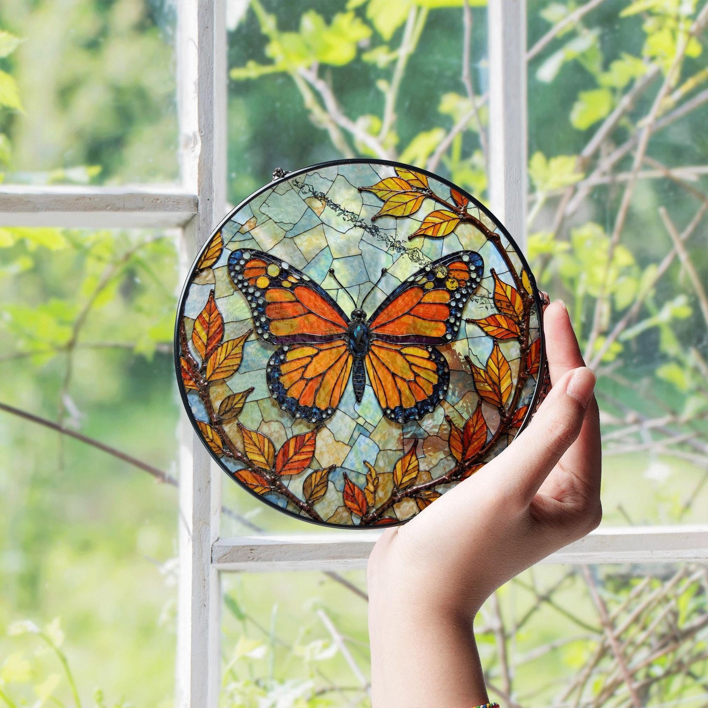 Stained glass monarch butterfly round suncatcher window decor gift for nature lover