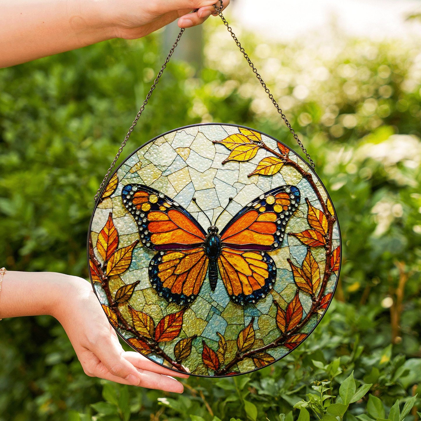 Stained glass monarch butterfly round suncatcher window decor gift for nature lover