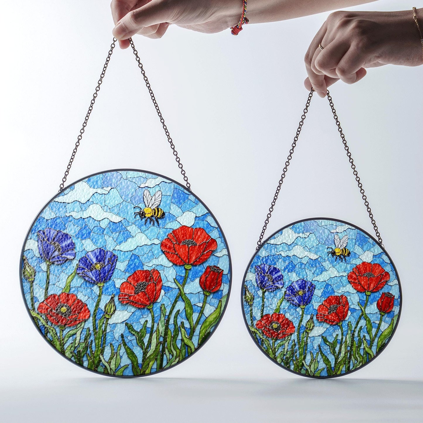 Bee and Wildflower Stained Glass Sun Catcher Round Window Decor Gift for Nature Mom