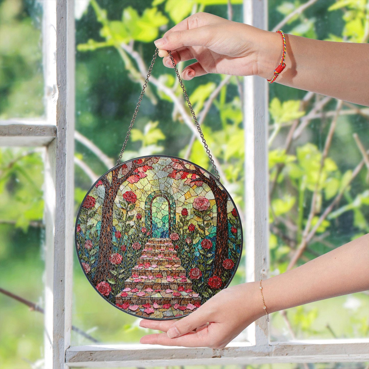 rose path stained glass enchanted garden suncatcher gift for mom