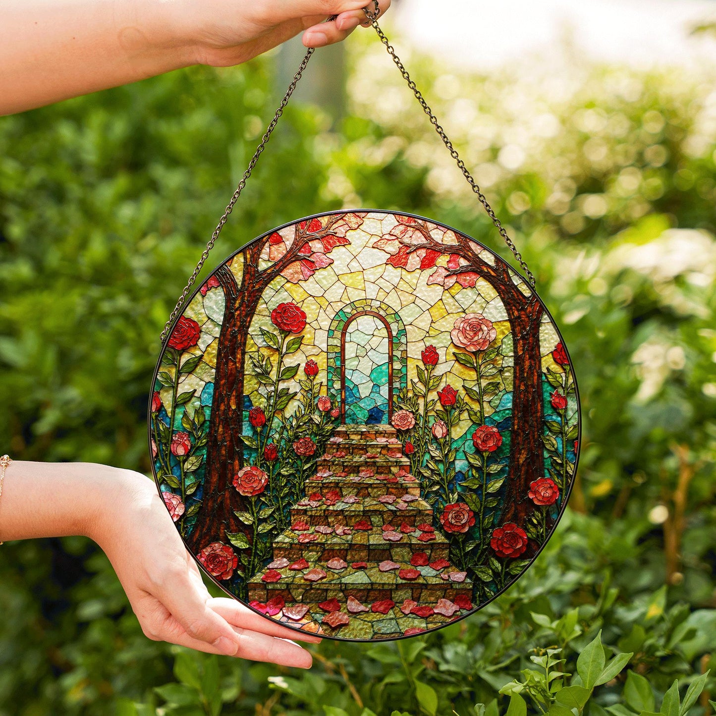 rose path stained glass enchanted garden suncatcher gift for mom