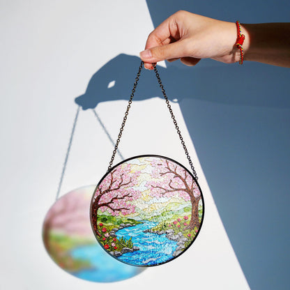 Cherry Blossom River Spring Stained Glass Suncatcher Nature Window Decor Gift for Mom