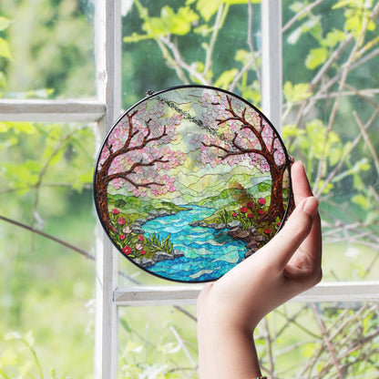 Cherry Blossom River Spring Stained Glass Suncatcher Nature Window Decor Gift for Mom