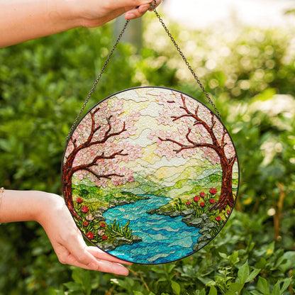 Cherry Blossom River Spring Stained Glass Suncatcher Nature Window Decor Gift for Mom