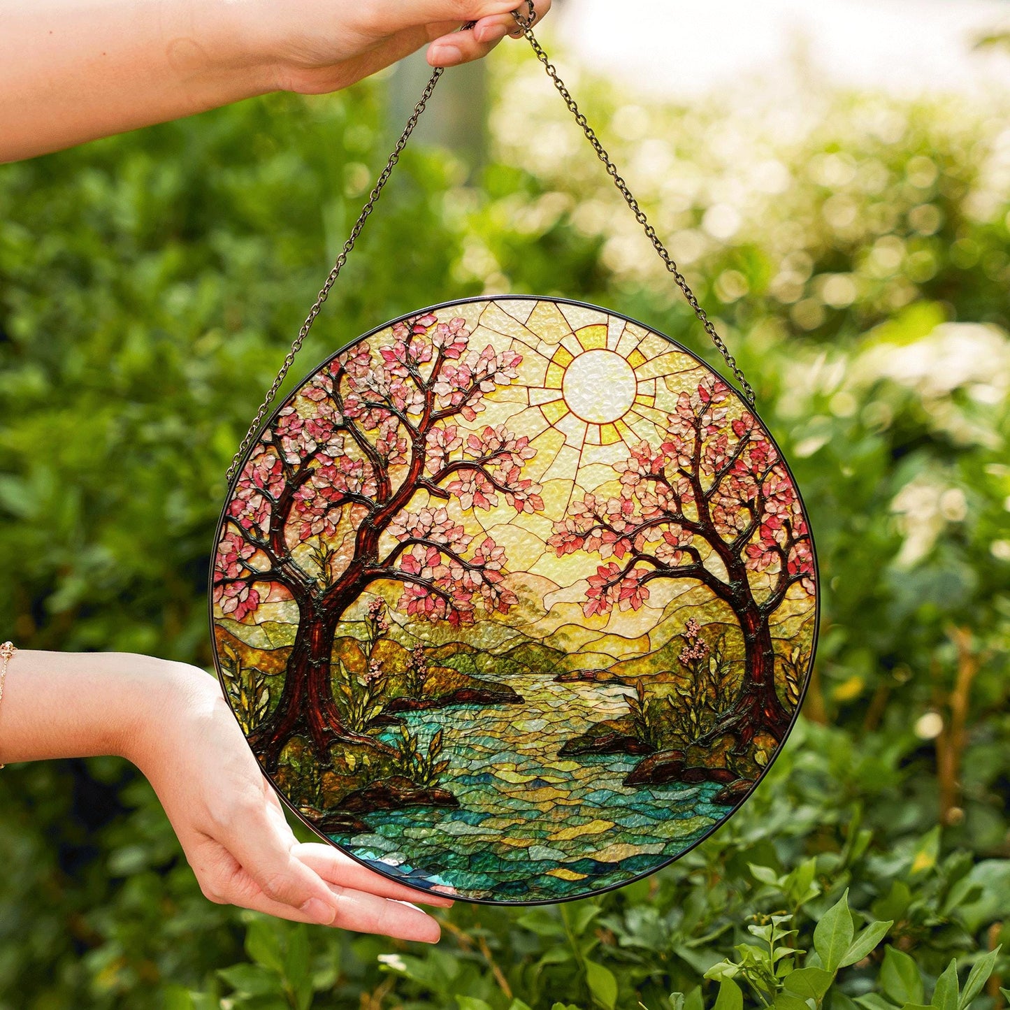 Cherry Blossom River Art Glass Suncatcher Spring Window Decor Gift for Mom or Nature Lover