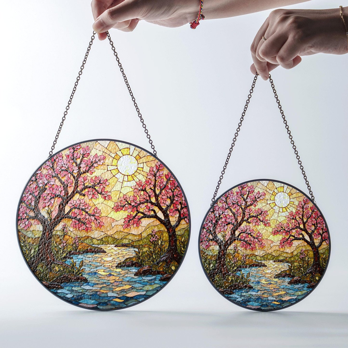 Cherry Blossom River Art Glass Suncatcher Spring Window Decor Gift for Mom or Nature Lover