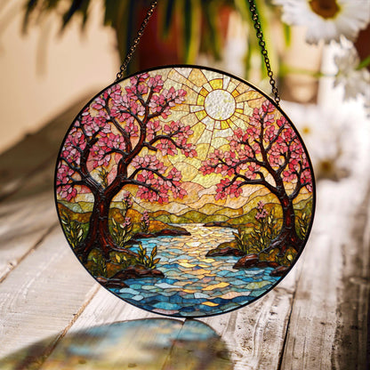 Cherry Blossom River Art Glass Suncatcher Spring Window Decor Gift for Mom or Nature Lover