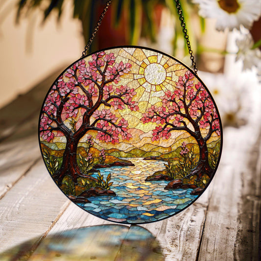 Cherry Blossom River Art Glass Suncatcher Spring Window Decor Gift for Mom or Nature Lover
