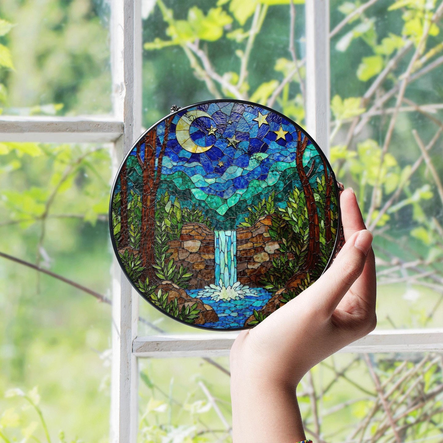 Moonlit Waterfall Forest Scene Stained Glass Style Suncatcher Gift for Nature Lover