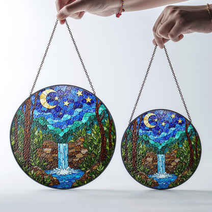 Moonlit Waterfall Forest Scene Stained Glass Style Suncatcher Gift for Nature Lover