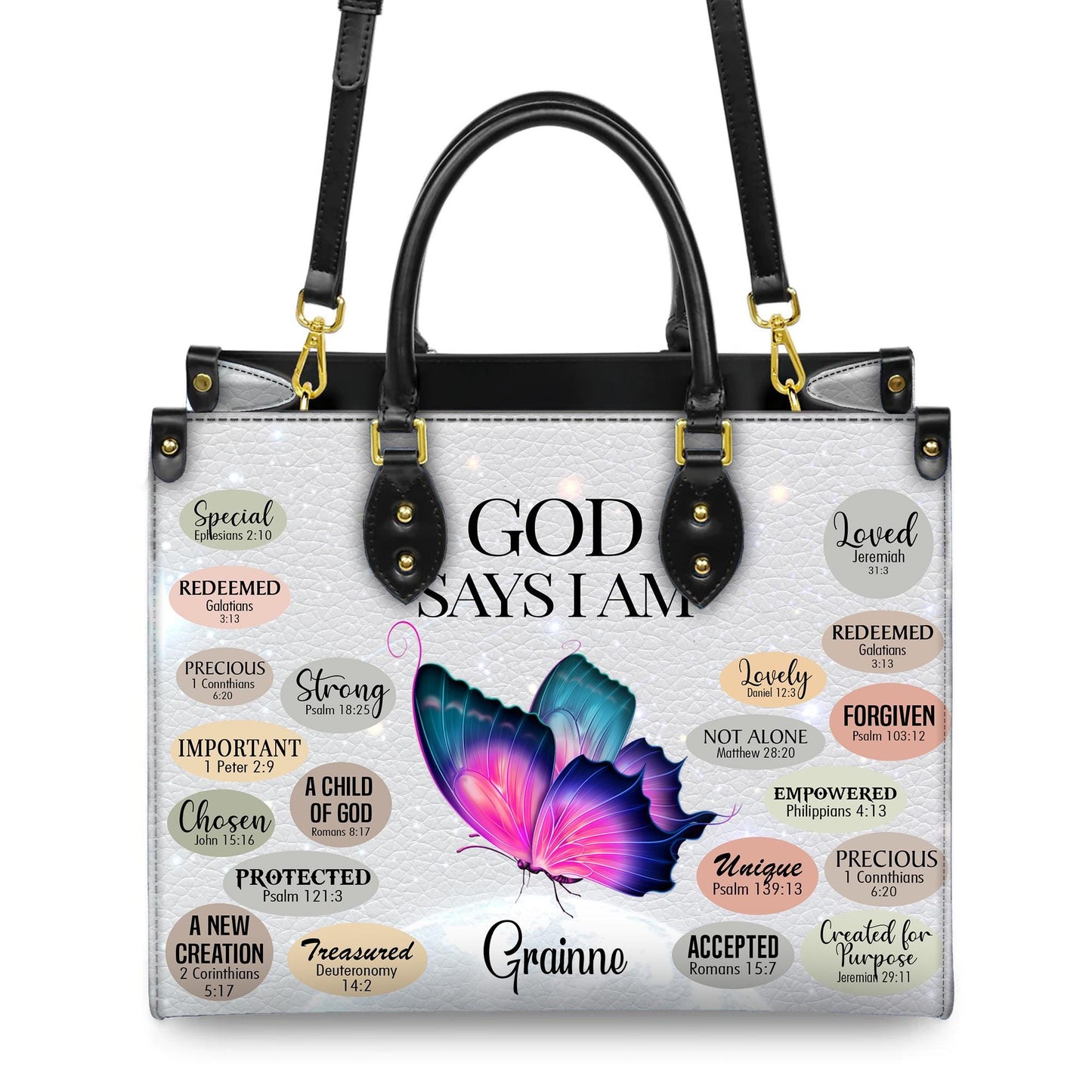 Personalized Leather Handbag Custom Name, Christian Gift, Gifts for Women, God Says I Am Bag, Butterfly and Inspirational Words Design