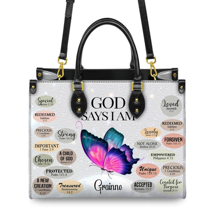 Personalized Leather Handbag Custom Name, Christian Gift, Gifts for Women, God Says I Am Bag, Butterfly and Inspirational Words Design