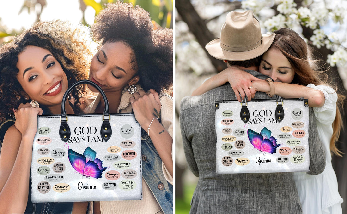 Personalized Leather Handbag Custom Name, Christian Gift, Gifts for Women, God Says I Am Bag, Butterfly and Inspirational Words Design
