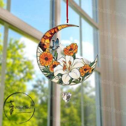 Floral Moon Window Hanging with Crystal, Acrylic Flower Decor, Light Reflecting Home Accent, Spring Floral Window Art, Gift for Her