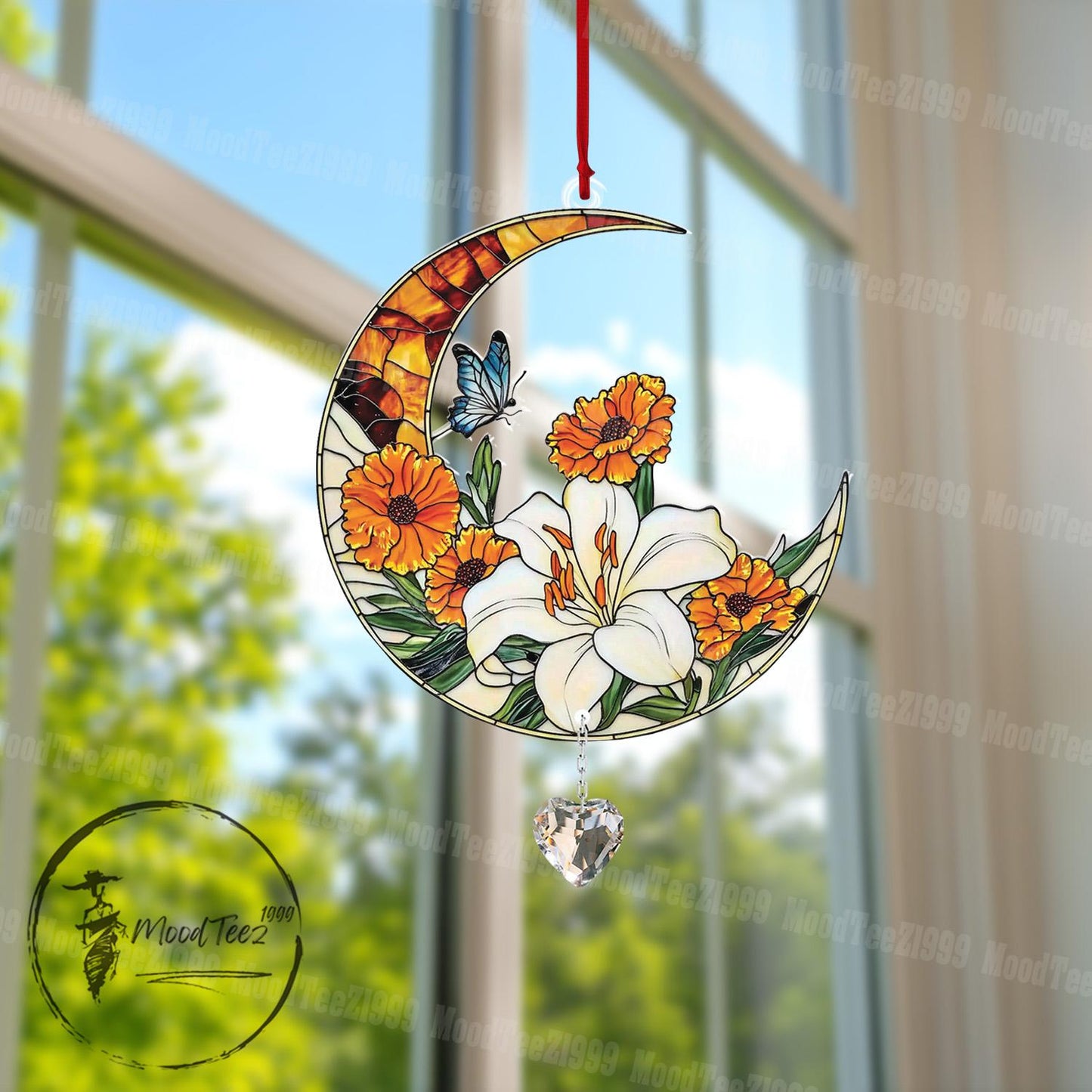 Floral Moon Window Hanging with Crystal, Acrylic Flower Decor, Light Reflecting Home Accent, Spring Floral Window Art, Gift for Her