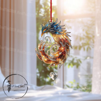 Phoenix with Crystal Window Hanging, Magical Phoenix Decor, Fire & Ice Fantasy Art, Mystical Bird Ornament, Unique Home Accent