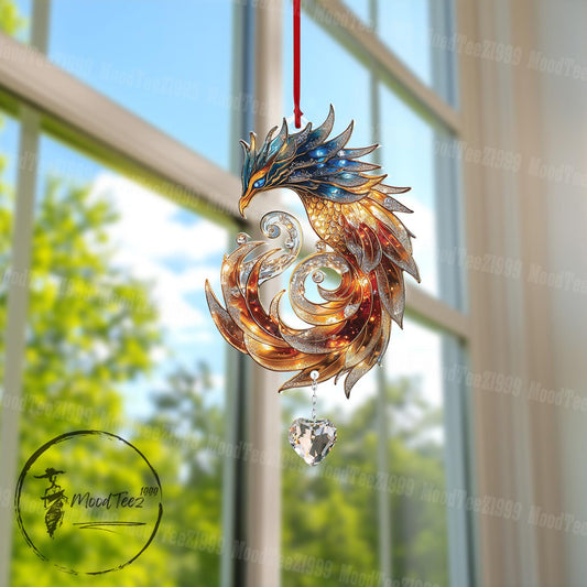 Phoenix with Crystal Window Hanging, Magical Phoenix Decor, Fire & Ice Fantasy Art, Mystical Bird Ornament, Unique Home Accent