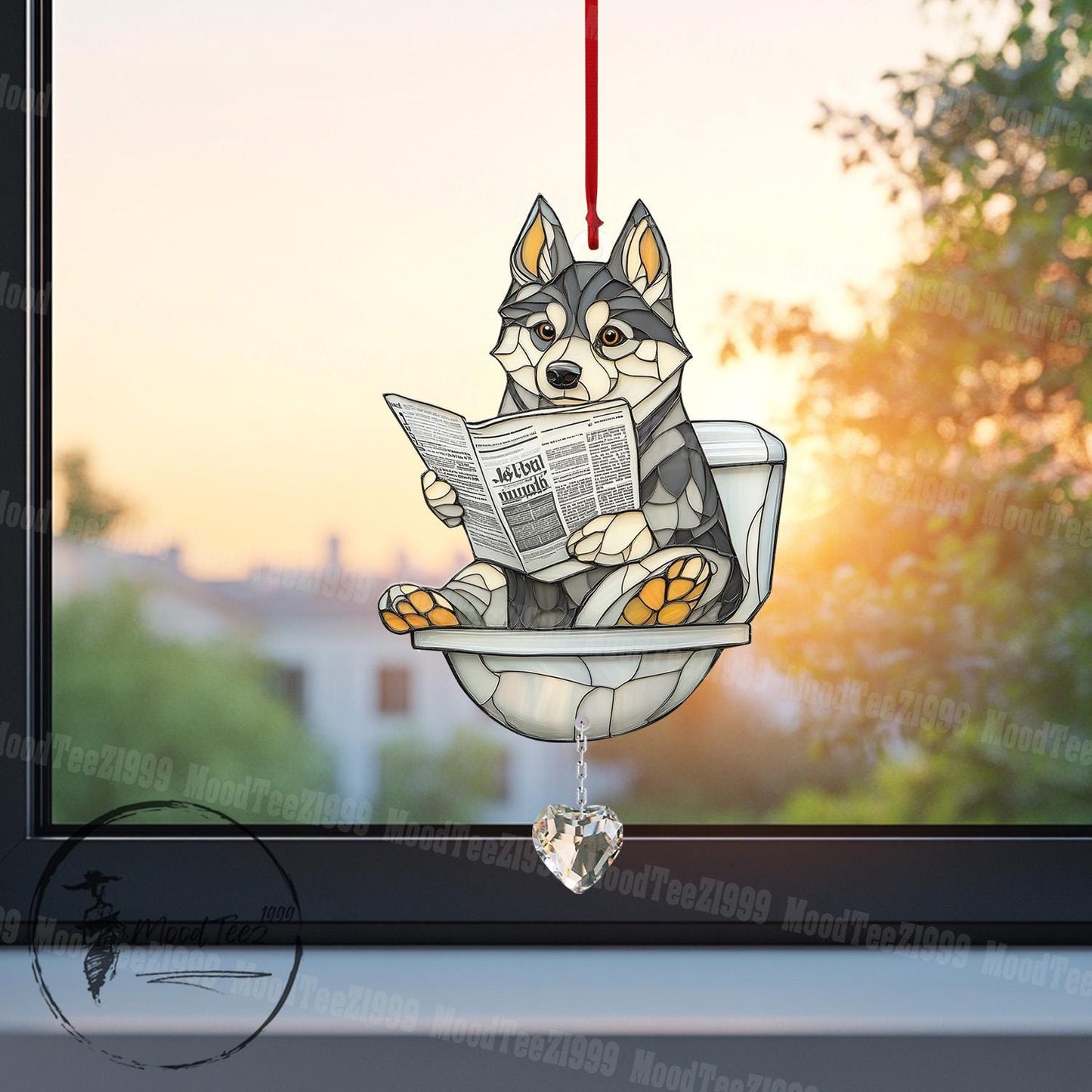 Reading Husky Dog Window Hanging with Crystal, Cute Dog in Toilet, Husky Dog Decor, Whimsical Dog Art for Home, Crystal Window Ornament