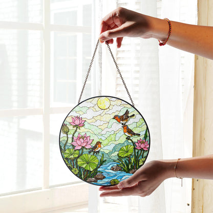 Birds and Lotus Pond Stained Glass Suncatcher Window Decor Gift for Nature Lover Friend
