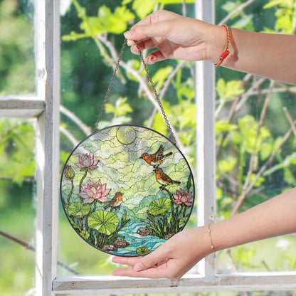 Birds and Lotus Pond Stained Glass Suncatcher Window Decor Gift for Nature Lover Friend