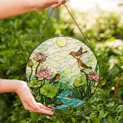 Birds and Lotus Pond Stained Glass Suncatcher Window Decor Gift for Nature Lover Friend
