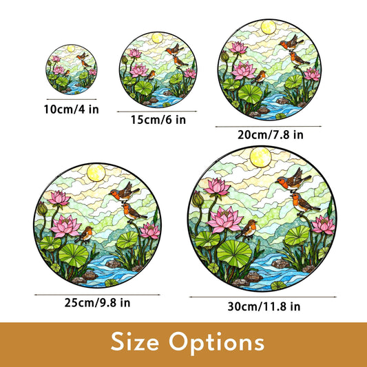 Birds and Lotus Pond Stained Glass Suncatcher Window Decor Gift for Nature Lover Friend