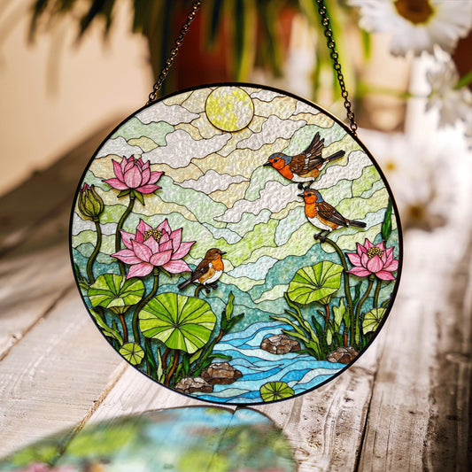 Birds and Lotus Pond Stained Glass Suncatcher Window Decor Gift for Nature Lover Friend