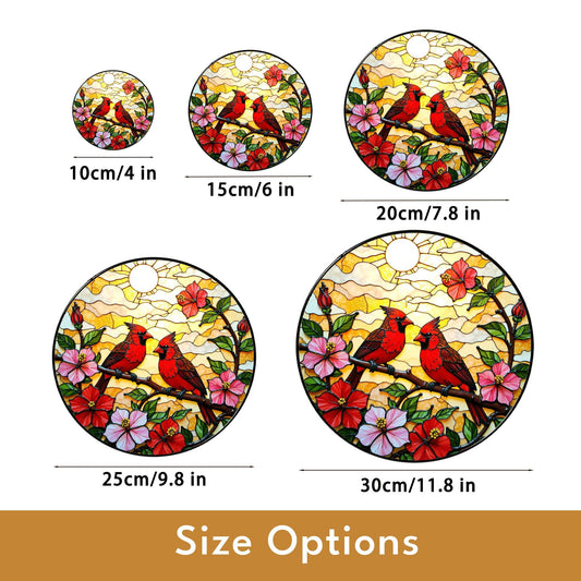 Red Cardinals on Flower Branch Stained Glass Suncatcher Window Art Gift for Mom