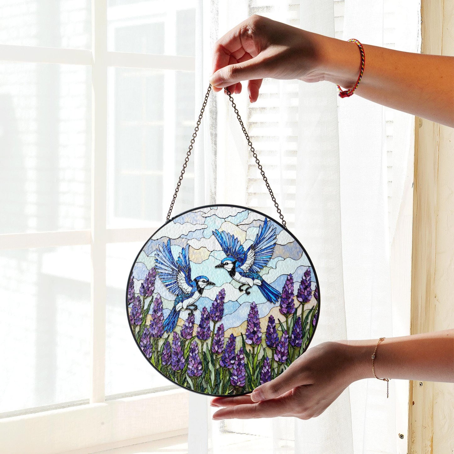 Blue Jays Flying Over Lavender Field Round Stained Glass Suncatcher Gift for Bird Lover