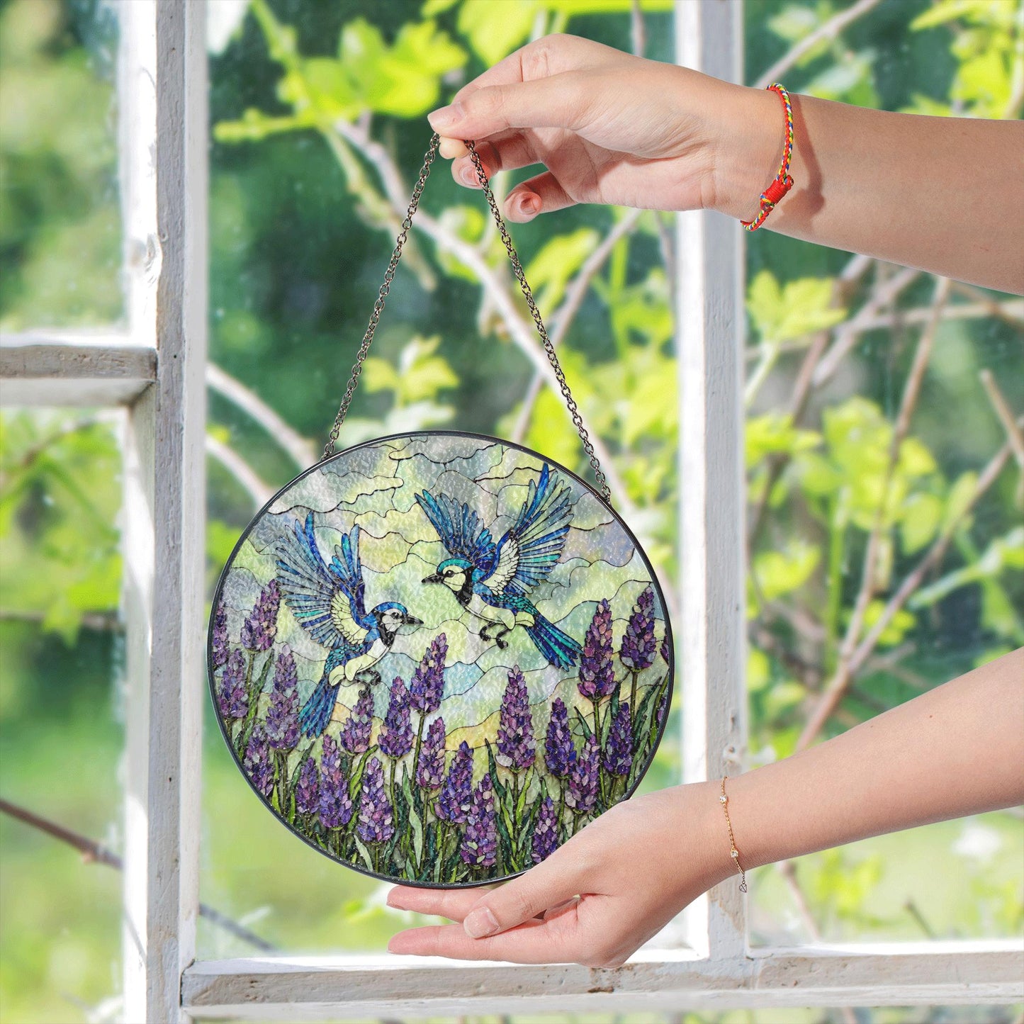 Blue Jays Flying Over Lavender Field Round Stained Glass Suncatcher Gift for Bird Lover