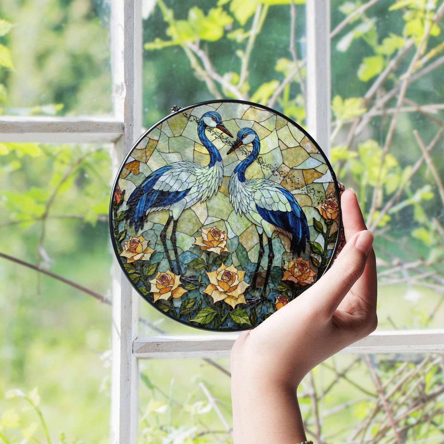 Blue cranes floral suncatcher stained glass window decor perfect gift for bird lovers