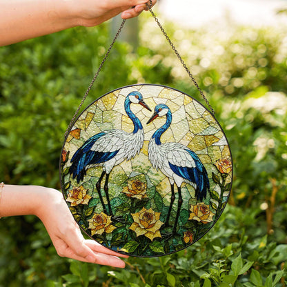 Blue cranes floral suncatcher stained glass window decor perfect gift for bird lovers