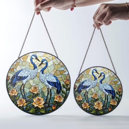 Blue cranes floral suncatcher stained glass window decor perfect gift for bird lovers