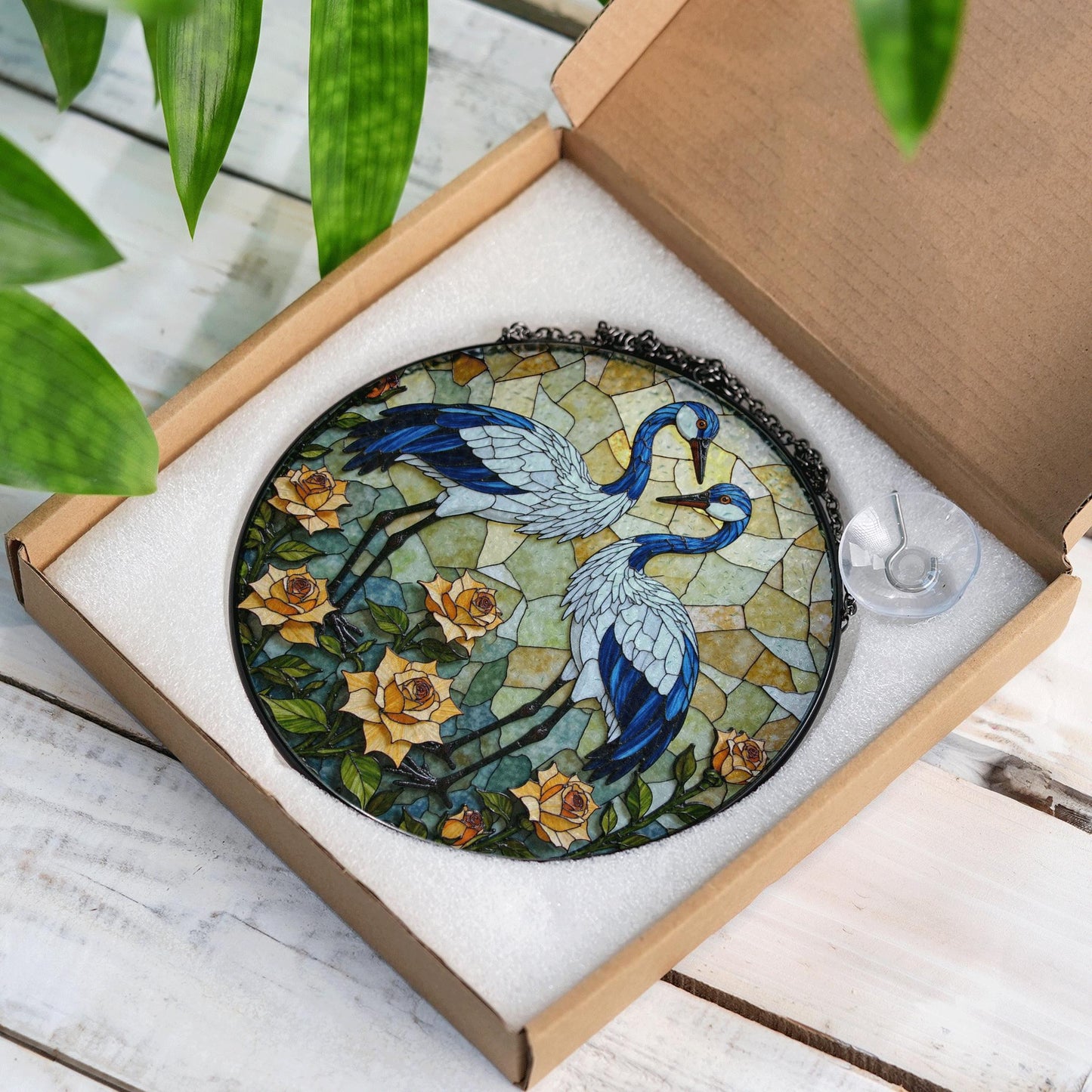 Blue cranes floral suncatcher stained glass window decor perfect gift for bird lovers