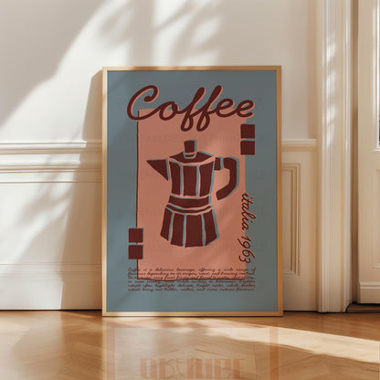 Coffee Poster, Kitchen Art, Kitchen Poster, Kitchen Print, Moka Pot, Modern Kitchen Decor, Retro Poster, Exhibition Poster, Blue Wall Art