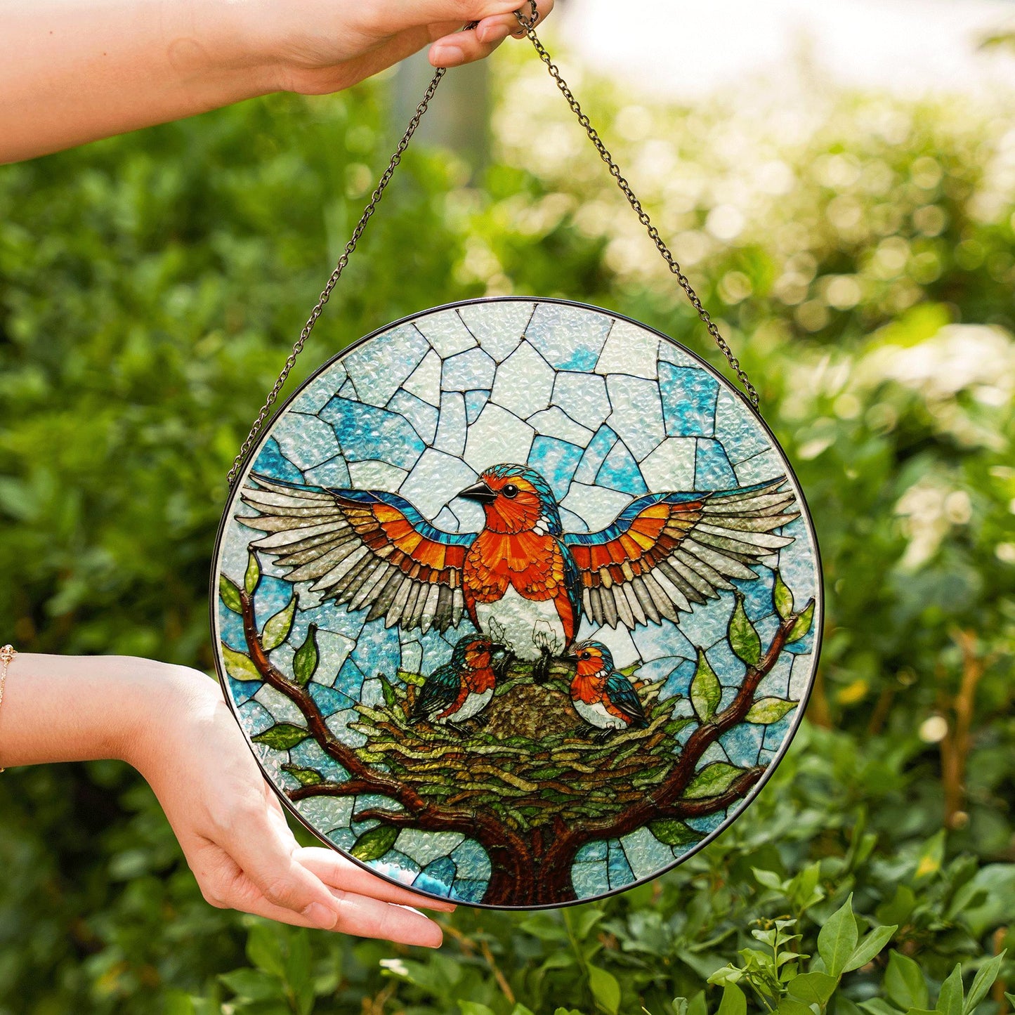 Robin family stained glass round suncatcher with tree nest and sky scene bird decor gift for mother