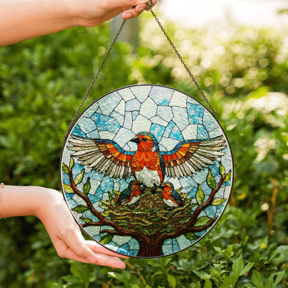 Robin family stained glass round suncatcher with tree nest and sky scene bird decor gift for mother