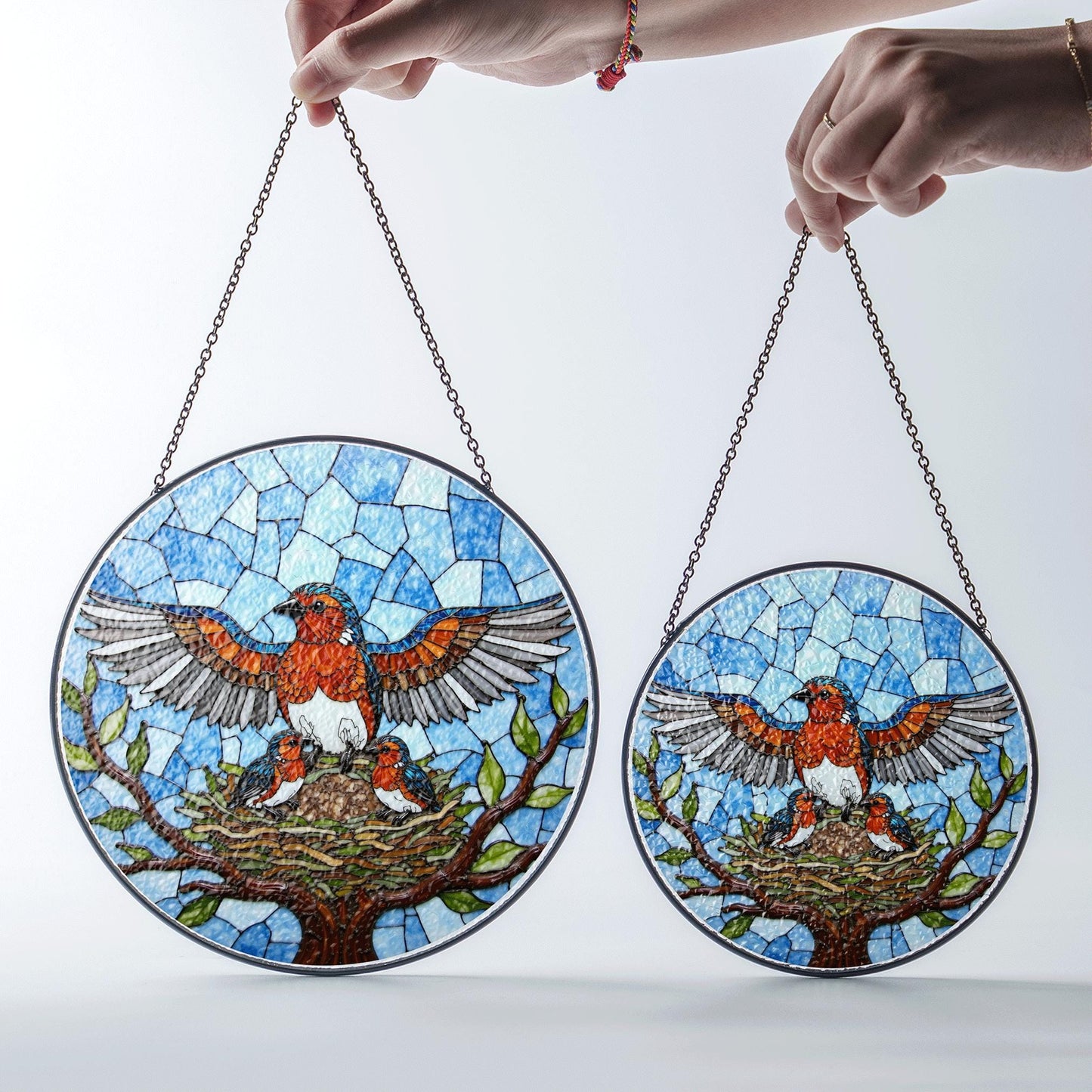 Robin family stained glass round suncatcher with tree nest and sky scene bird decor gift for mother