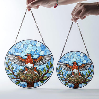 Robin family stained glass round suncatcher with tree nest and sky scene bird decor gift for mother