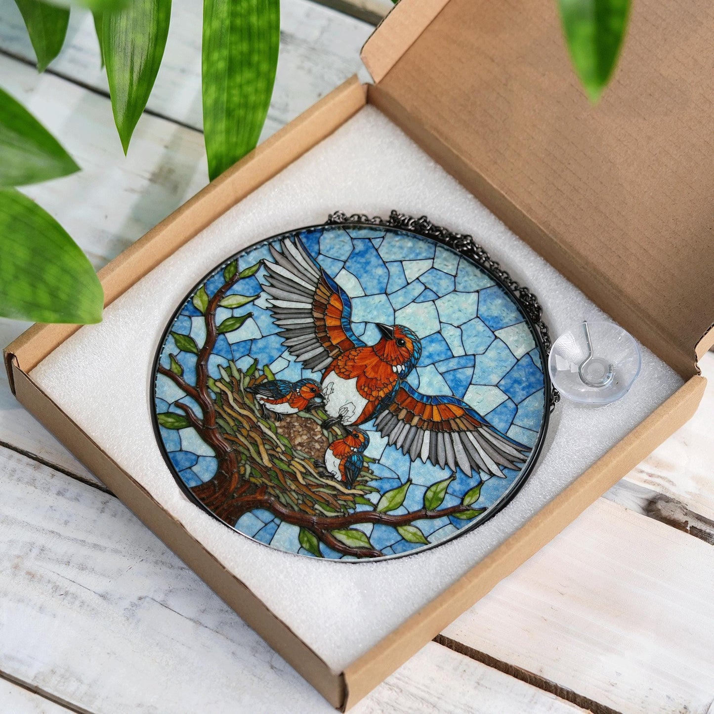 Robin family stained glass round suncatcher with tree nest and sky scene bird decor gift for mother