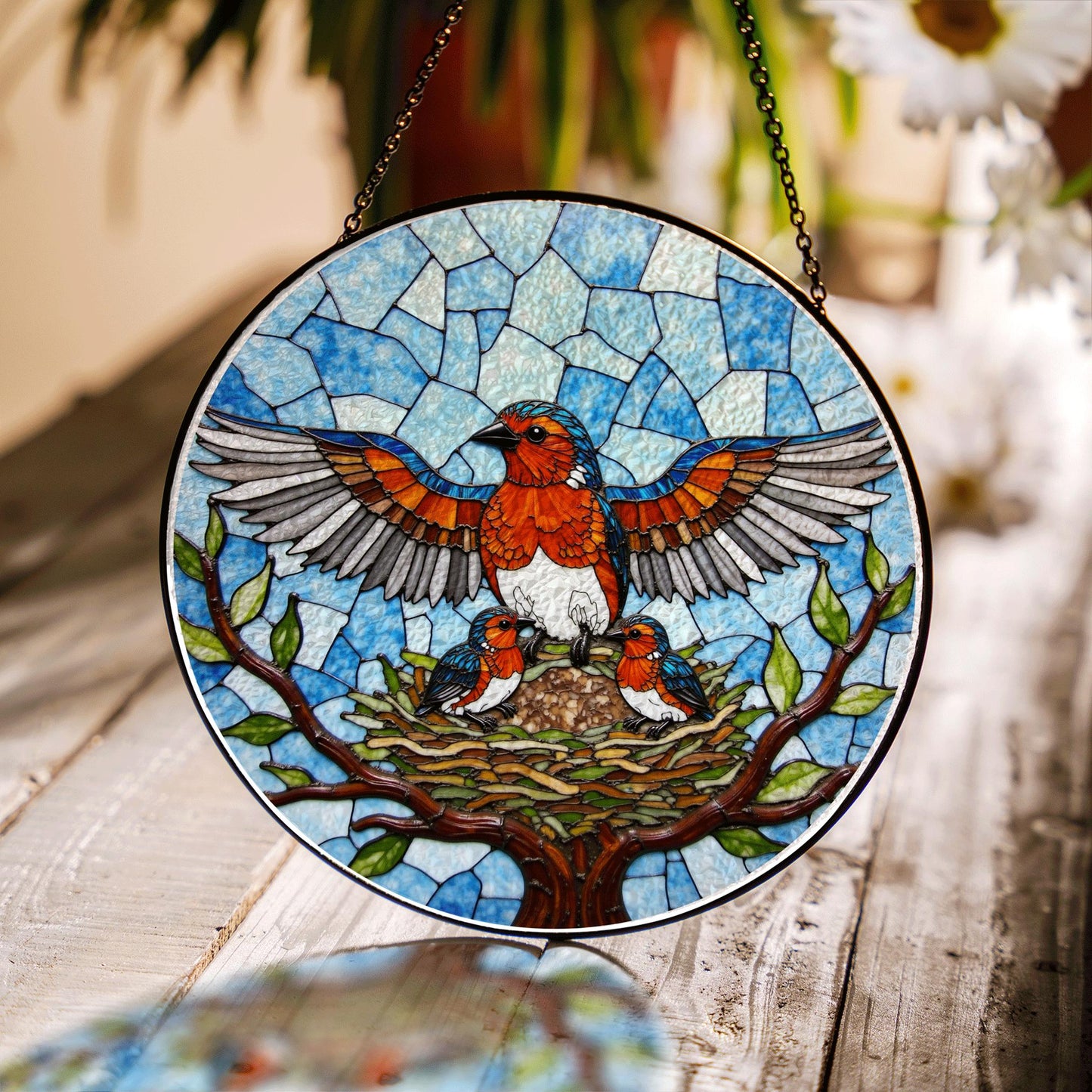 Robin family stained glass round suncatcher with tree nest and sky scene bird decor gift for mother