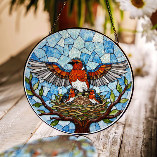 Robin family stained glass round suncatcher with tree nest and sky scene bird decor gift for mother