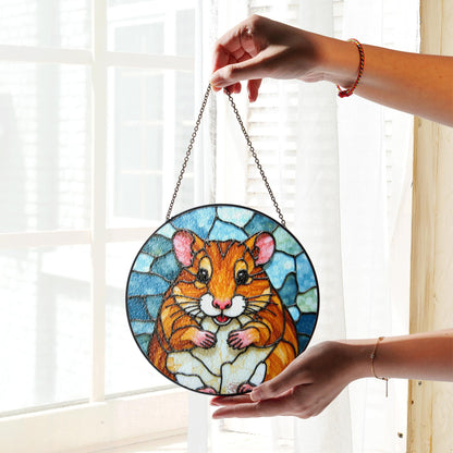 Chubby hamster art stained glass round window suncatcher animal decor gift for kids or pet lovers