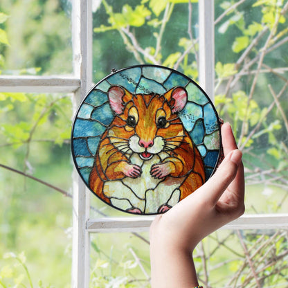 Chubby hamster art stained glass round window suncatcher animal decor gift for kids or pet lovers