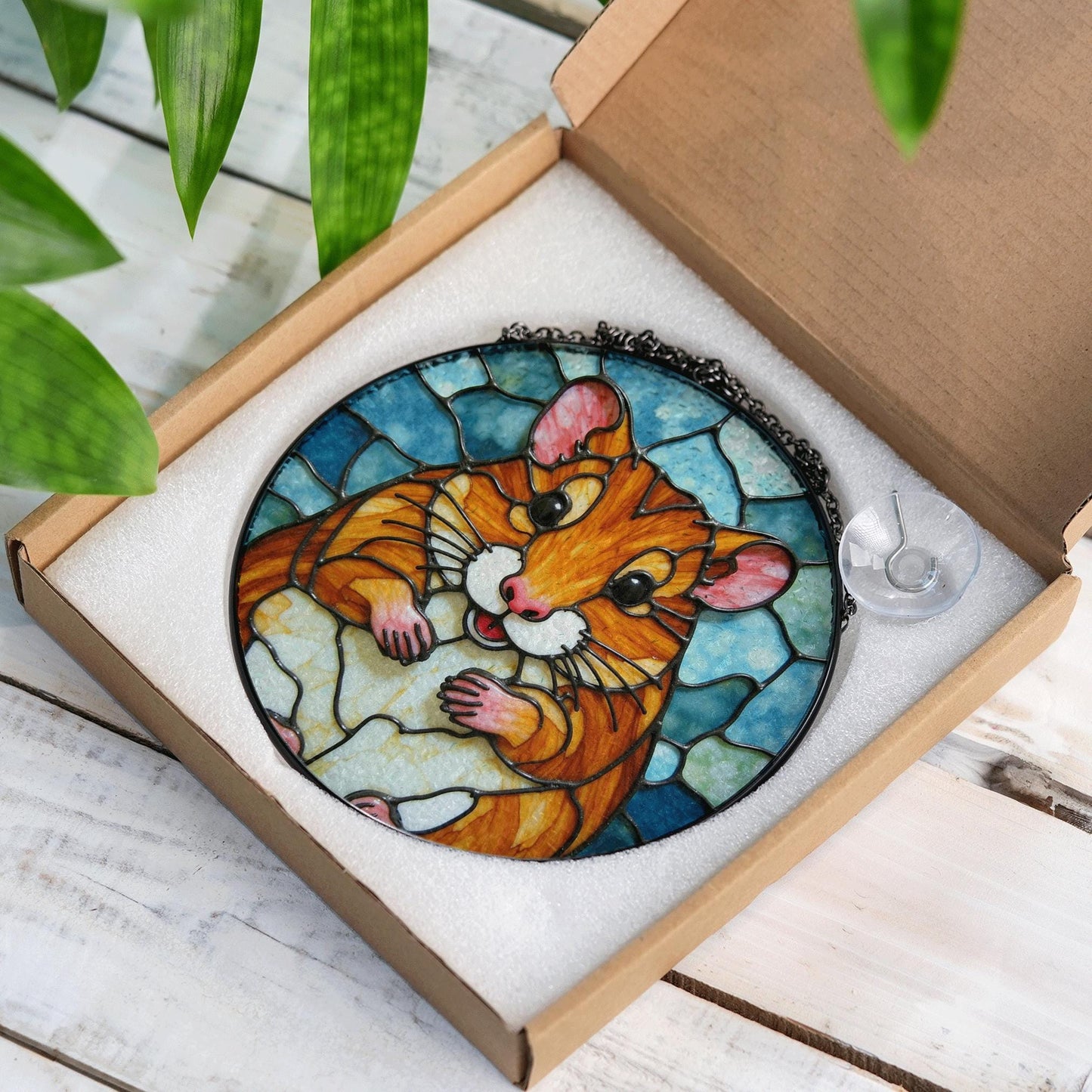 Chubby hamster art stained glass round window suncatcher animal decor gift for kids or pet lovers