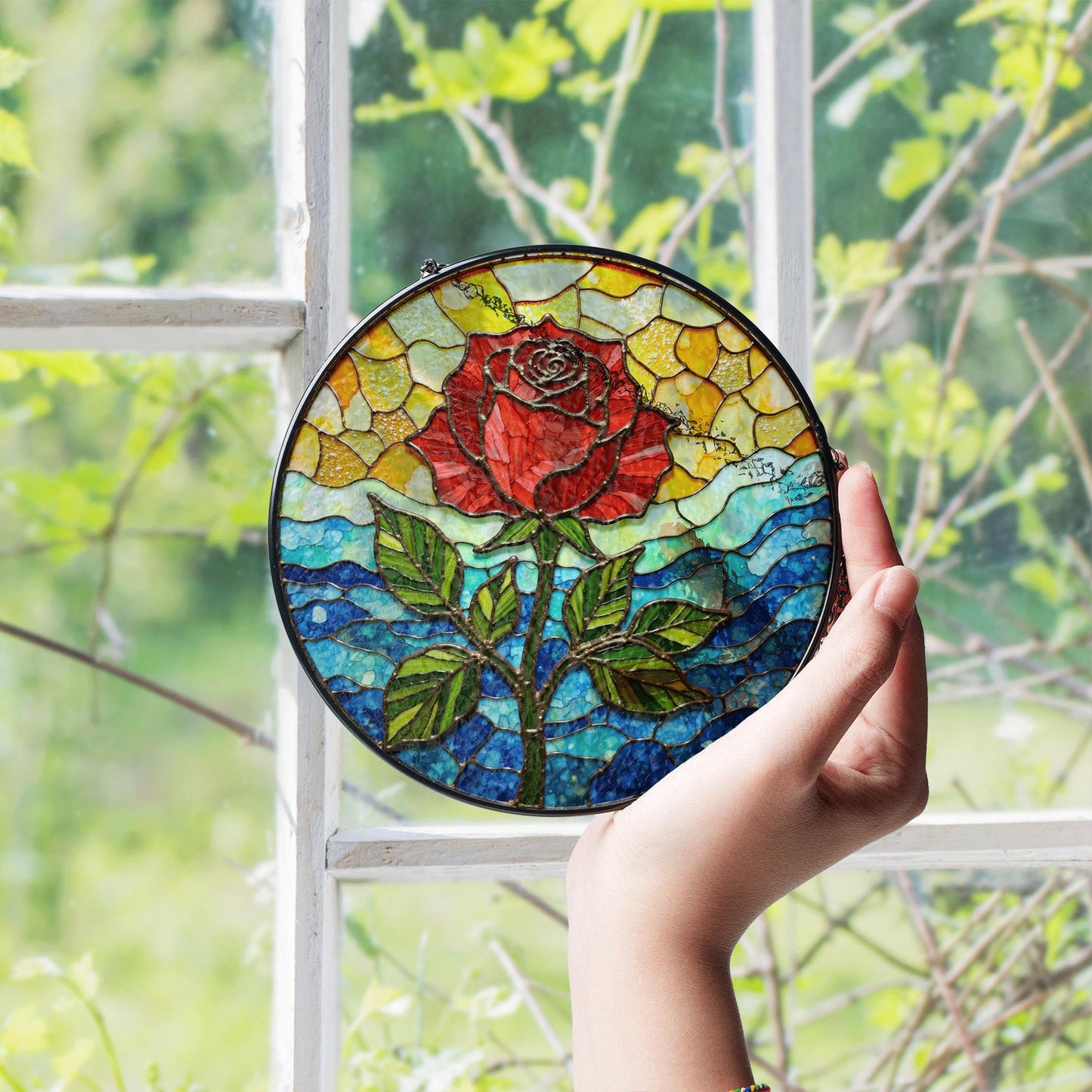 Red rose bloom stained glass suncatcher floral round window decor gift for mother or flower lover