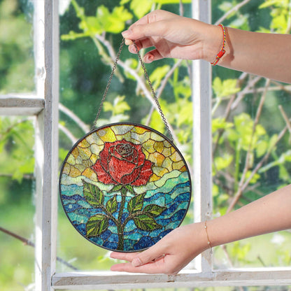 Red rose bloom stained glass suncatcher floral round window decor gift for mother or flower lover