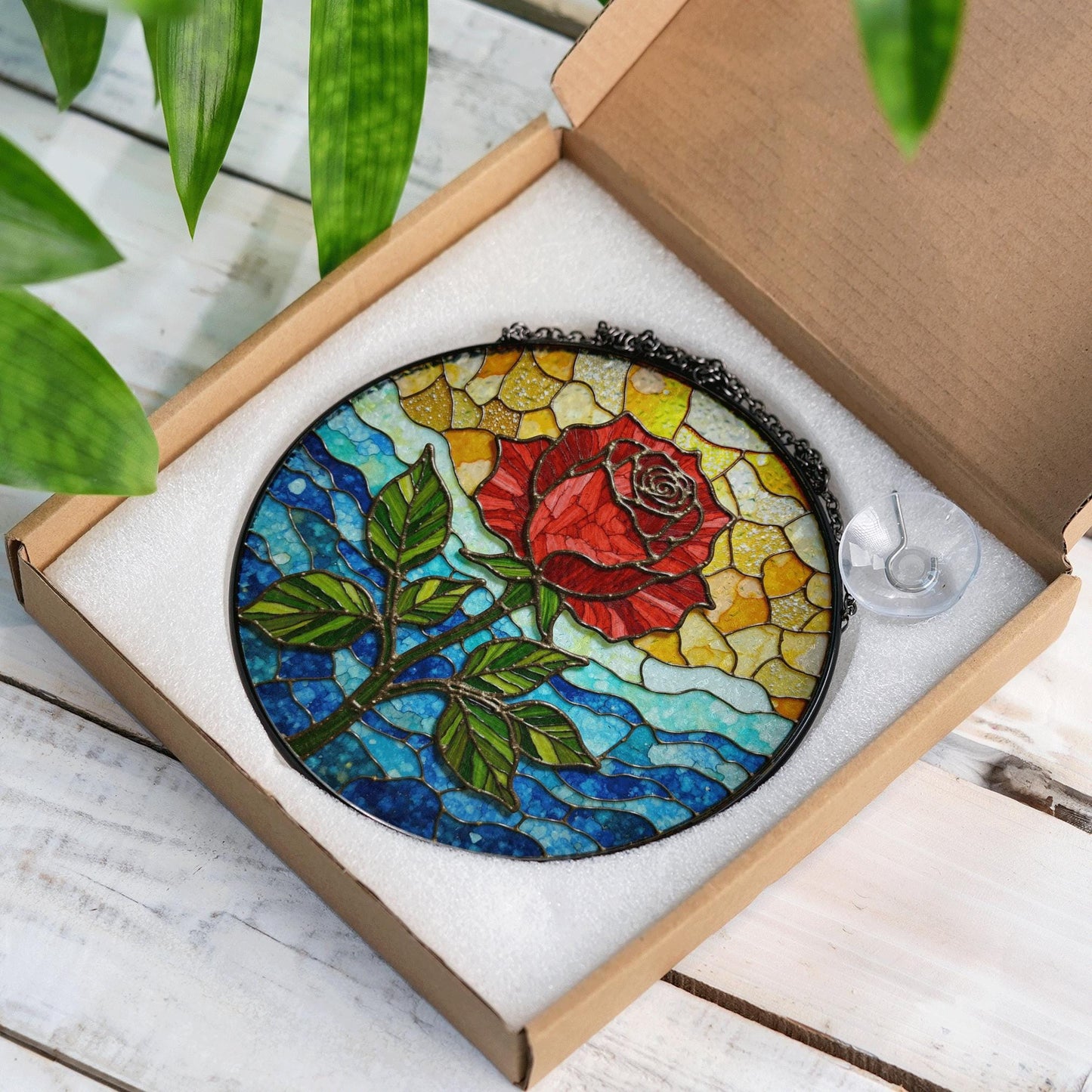 Red rose bloom stained glass suncatcher floral round window decor gift for mother or flower lover
