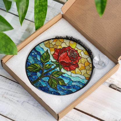 Red rose bloom stained glass suncatcher floral round window decor gift for mother or flower lover